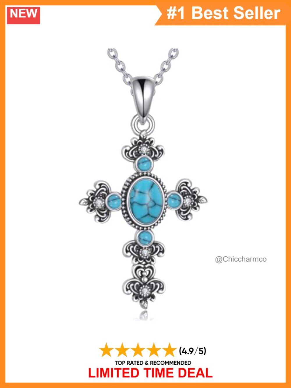 Sterling Silver Cross Turquoise Pendant Necklace 7x5mm Gemstone Jewelry